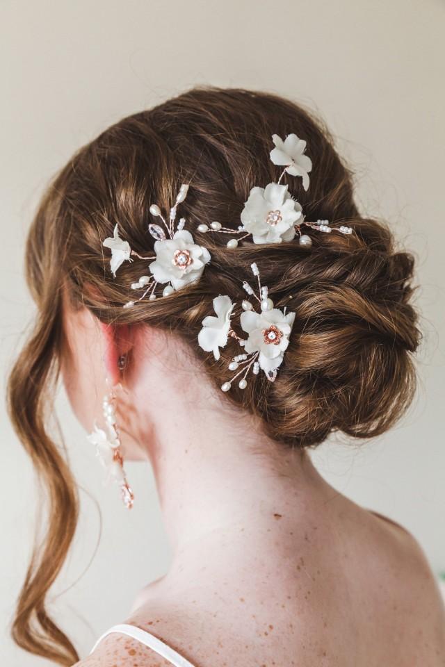 Off White Silk Flower Bridal Hair Pins Cream Blossom Flower Wedding