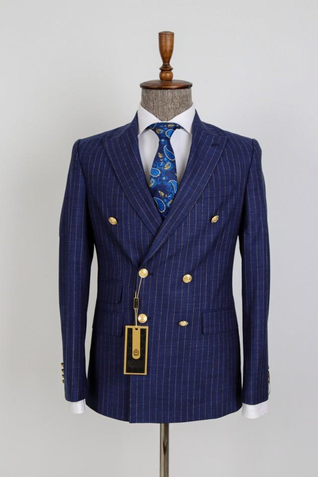 Double Breasted Striped Golden Button Men Suit Desginer Bespoke Suit
