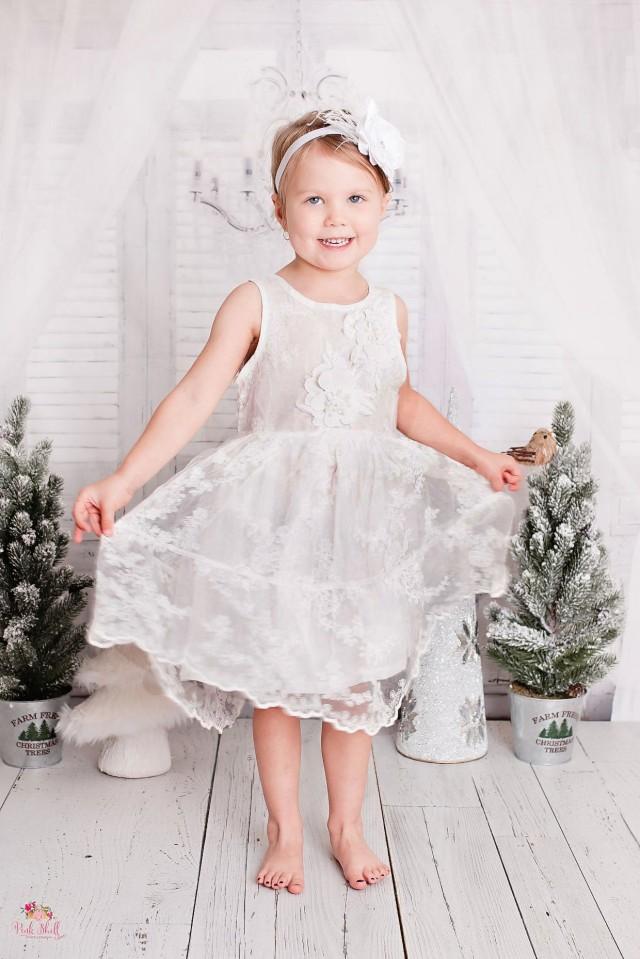 Rustic White Flower Girl Dress, White Lace Dress Baptism / Christening Dress, Country Style