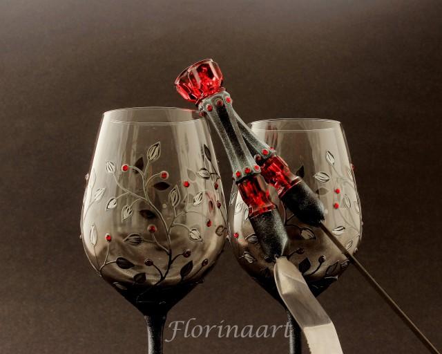 Gothic Wedding Goblets And Cake Serving Set, Gothic Wine Glasses, Black