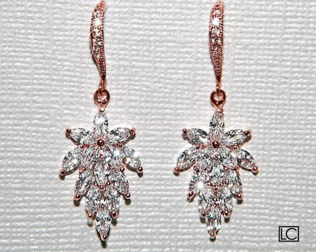 Rose Gold Cubic Zirconia Earrings, Cluster Leaf Crystal Earrings, Pink Gold Leaves Dangle