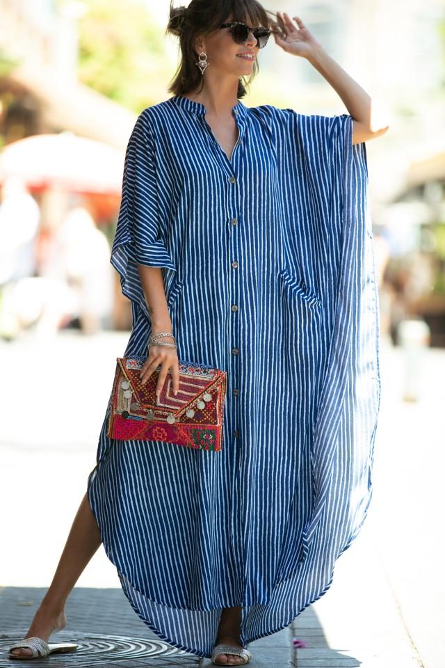 Blue & White Striped Oversize Kaftan Dress, Bohemian Hipster Buttoned