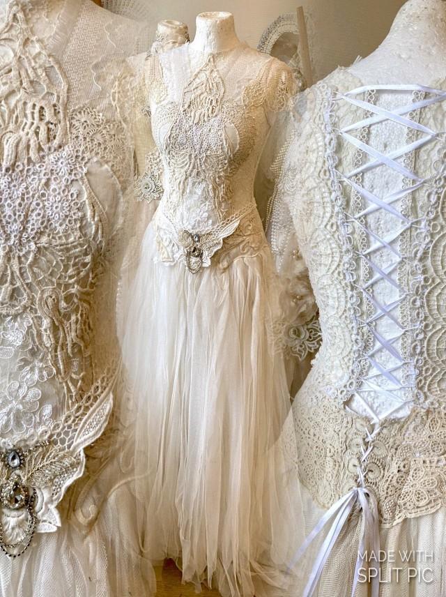Boho Wedding Dress Vintage Lace,bohemian Bridal Gown Tattered ,upcycled