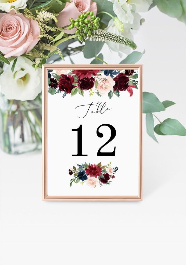 Burgundy Table Numbers 5x7" INSTANT DOWNLOAD, Printable Wedding Table