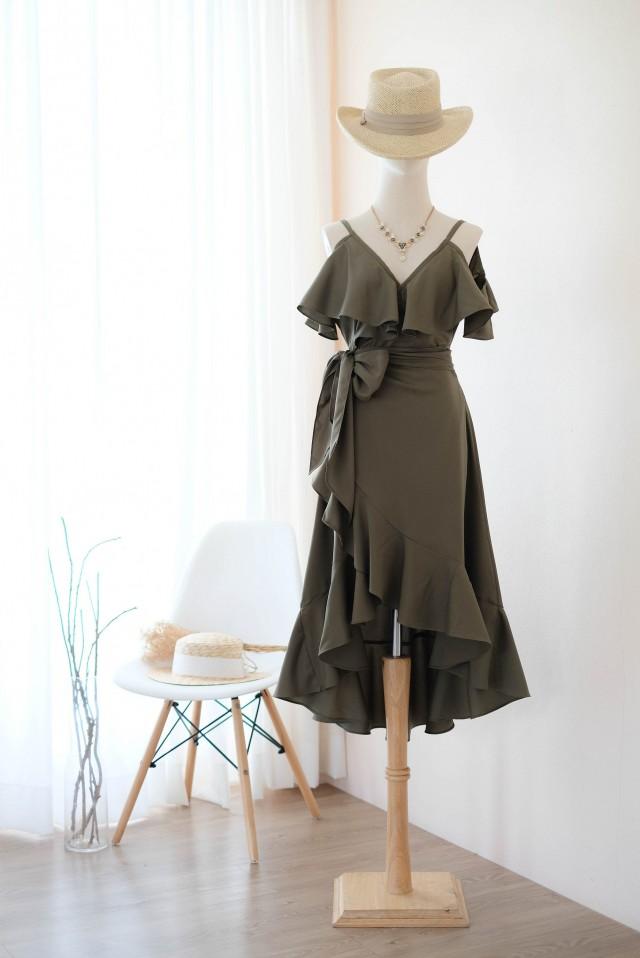 olive green high low dress