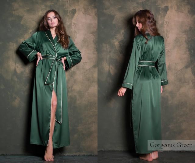 Green Silk Long Dressing Gown • Luxury Satin Bridesmaid Robe