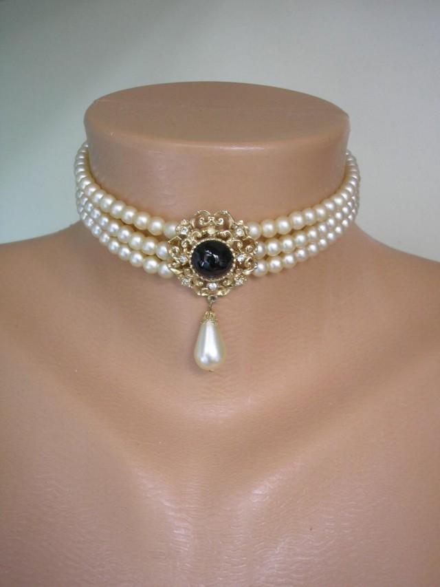 Vintage Sphinx Pearl Choker 3 Strand Pearls Vintage Pearls Faux Onyx Bridal Pearls Vintage