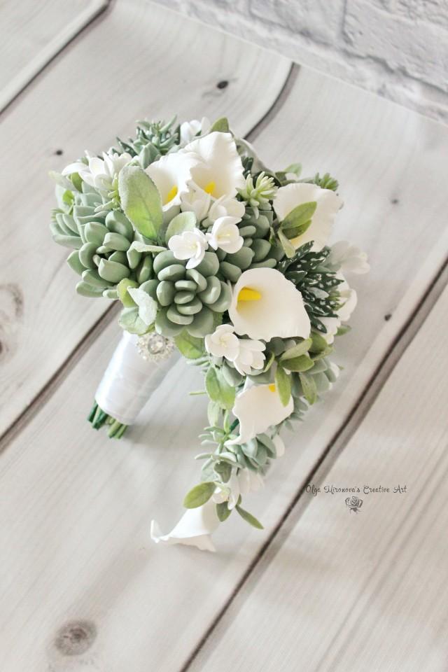 White Calla Lily Wedding Bouquet, Keepsake Succulent Bouquet, Cascading