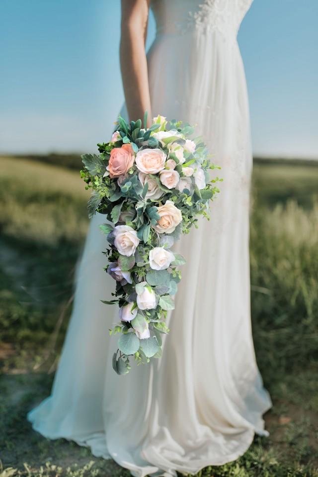 Champagne Blush Pink Roses Eucalyptus Cascade Bridal Bouquet 2979856 Weddbook 3104