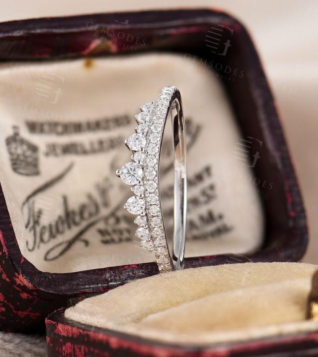 Curved Diamond Wedding Band, Vintage Moissanite Curved Bridal Band