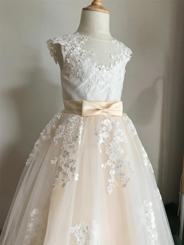 Lace Ivory Champagne Flower Girl Dress Tulle Flower Girl Dress