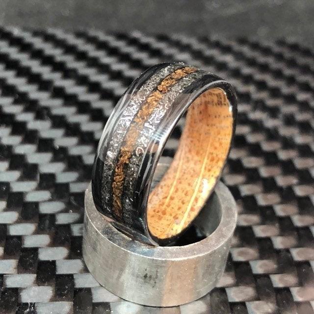 Dinosaur Meteorite Ring Carbon Fiber And Whiskey Barrel Triple Channel