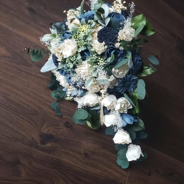 Steel Blue And Navy Wedding Bouquet, Cascading Bouquet, Sola Wood Flowers 2980355 Weddbook
