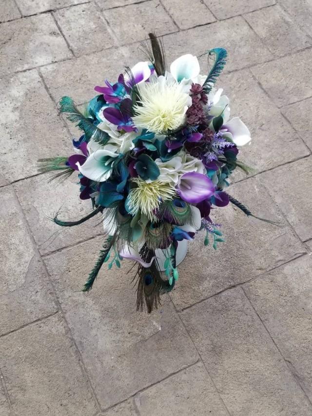 Purple Teal Peacock Bridal Bouquet Cascading Artificial Flower