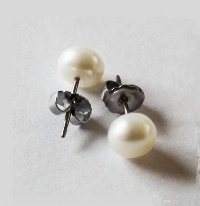 Niobium Or Titanium Pearl Stud Earrings, White Fresh Water Pearl Stud
