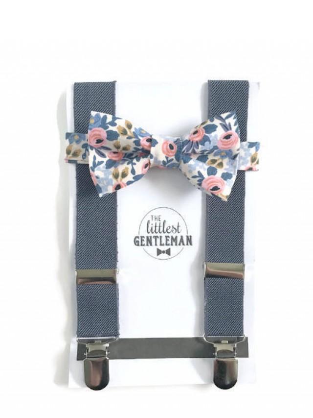 Boys Floral Bow Tie And Suspenders Set , Baby Boy Navy Suspenders, Suspenders, Ring Bearer