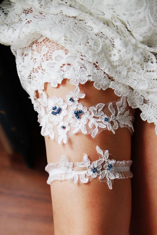 Bridal Garter Wedding Garter Set Navy Blue Lace Garters Keepsake
