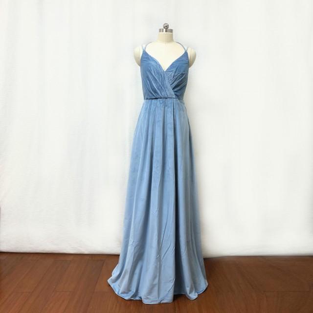 Dusty Blue Velvet Long Bridesmaid Dress With Slit 2981950 Weddbook