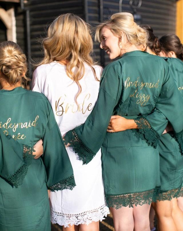 Bridesmaid Robes, Forest Green Dressing Gown, Grey Cotton Robes