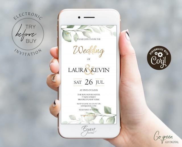 Greenery Wedding Evite Template Gold Electronic Wedding Invitation