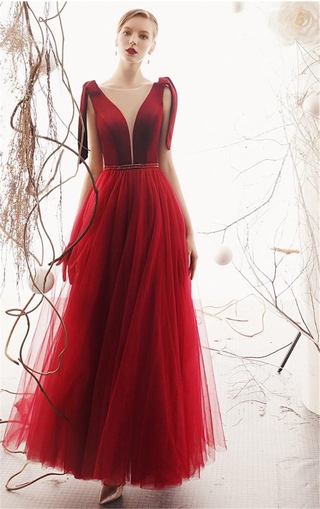 Red Tulle Wedding Store Deep VNeck Bridal Dress Lace Up Back Prom