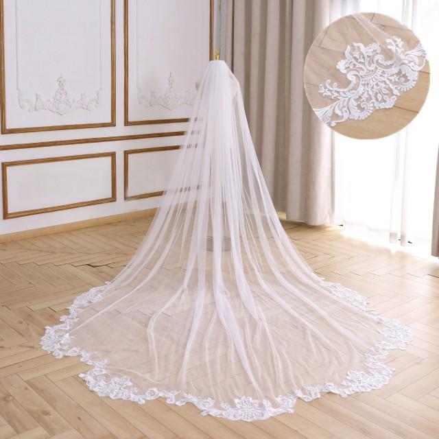New Scallop Hem Lace Bridal Veil Cathedral Wedding Veil Floral Lace