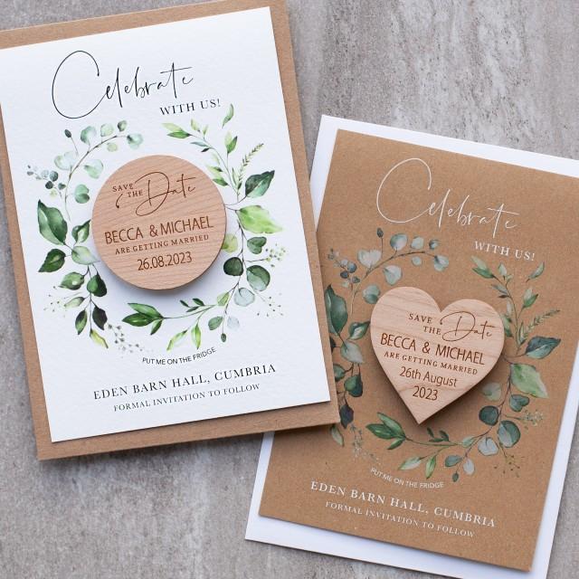 Personalised Walnut Rustic Save The Date Heart Fridge Magnet Card Invite 