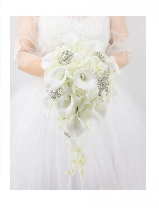 Details about  / White Waterfall Wedding Bouquet Calla Bride Holding Flowers Artificial Silk Rose