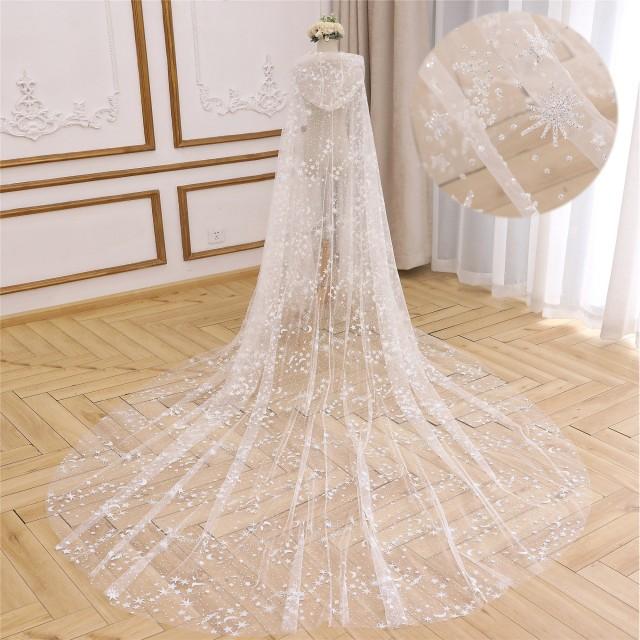 Hooded Wedding Cape Veil Chiffon Lace Veil Bridal Cloak Veil White 