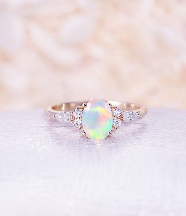 Oval Opal Engagement Ring White Gold Unique Cluster Engagement Ring Vintage Marquise Diamond Wedding Bridal Anniversary Gift For Women