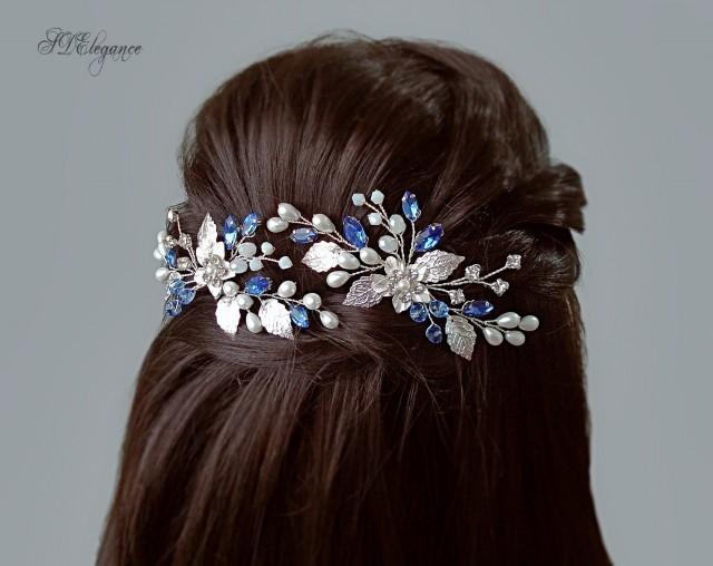 Blue Bridal Hair Pin, Navy Blue Hair Piece, Silver Wedding Hair Pin Set