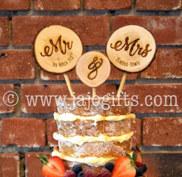 Rustic Wood Log Slice Engraved Cake Topper Mr And Mrs, Mr And Mr, Mrs