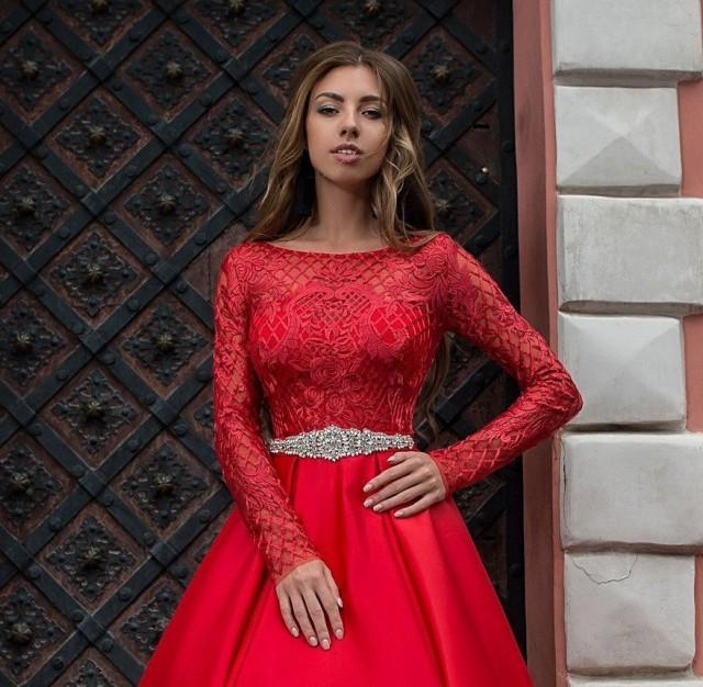 red lace long sleeve prom dress