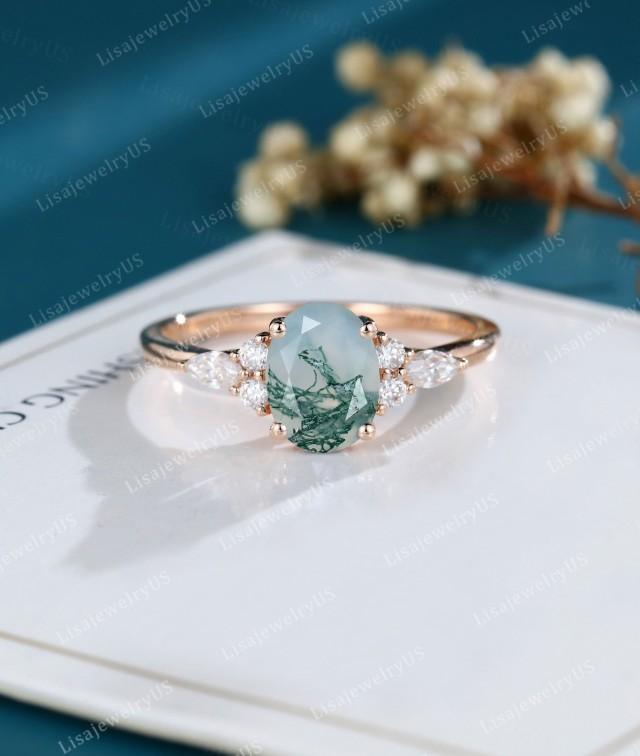 Oval Moss Agate Engagement Ring Rose Gold Vintage Engagement Ring Art