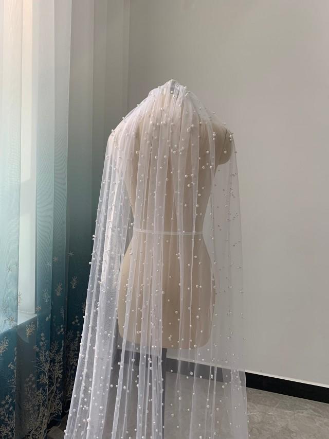 Scattered Pearl Wedding Veil One Layer White Or Ivory Tulle Veil