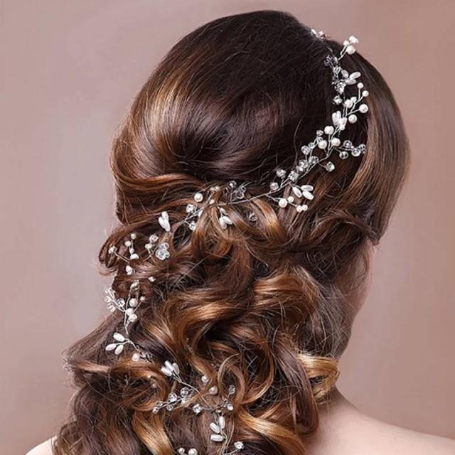 Women 50cm pearl rhinestone headbands wedding hair vine bridal accessories  PN 
