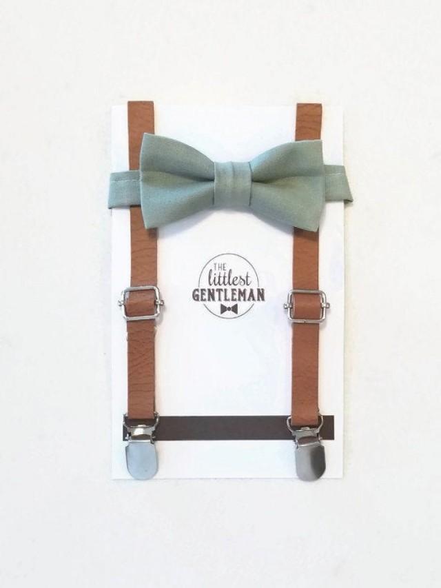 Boys Sage Green Bow Tie And Faux Leather Suspenders Set , Suspenders, Ring Bearer Outfit, Page