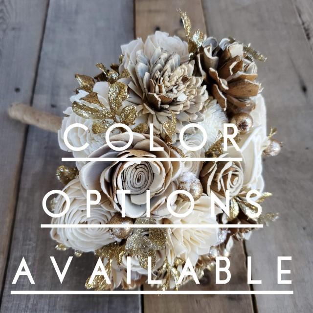 Gold Glitter Bouquet With Bark And Cream Wood Flowers, Bridal Bouquet, Bridesmaid Bouquet