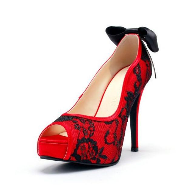 Red Wedding Heels With Back Bow, Red Wedding Shoes With Black Lace, Red ...