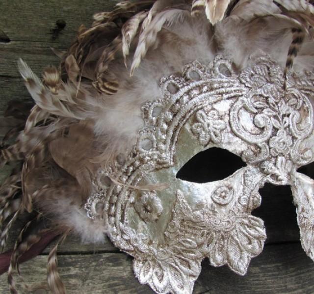 Venetian Masquerade Mask In Ornate Silver With Brown Feathers, Myrmidon ...