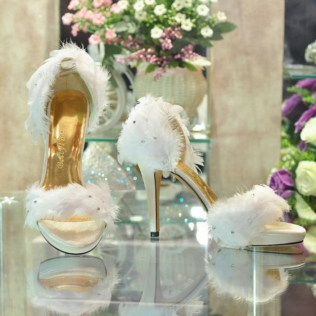 Handmade White Feather Sandals Summer Wedding Shoes Romantic High Heels ...