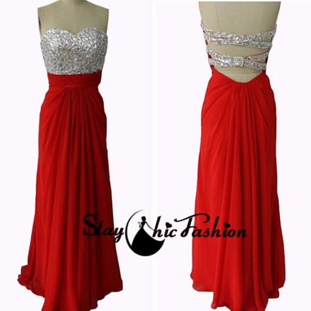 Red Strapless Rhinestone Beaded Bust Cutout Striped Back Long Prom ...
