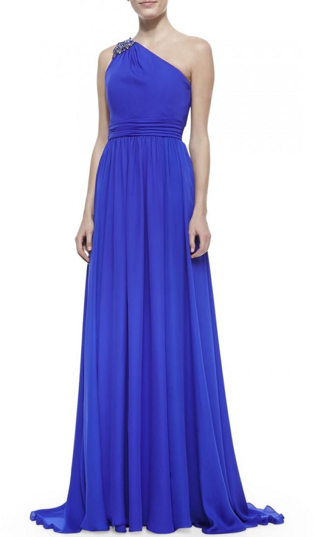 Badgley Mischka Collection Beaded One-Shoulder Ruched-Waist Gown, Ultra ...
