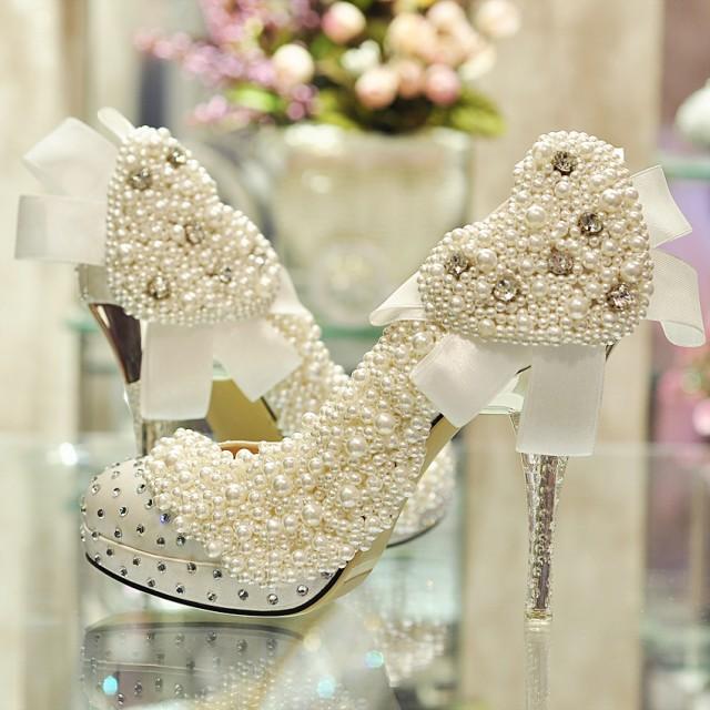 Romantic Heart Pearl Rhinestone Wedding Shoes Diy Shoes Married Formal ...
