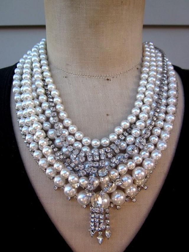 RESERVED Vintage Pearl Necklace, Rhinestone Necklace, Wedding Jewelry ...