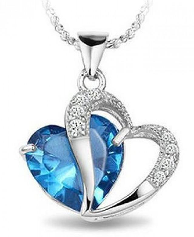 BEST SELLER - White Gold Rhodium Plated Pendant Blue Sapphire Heart ...