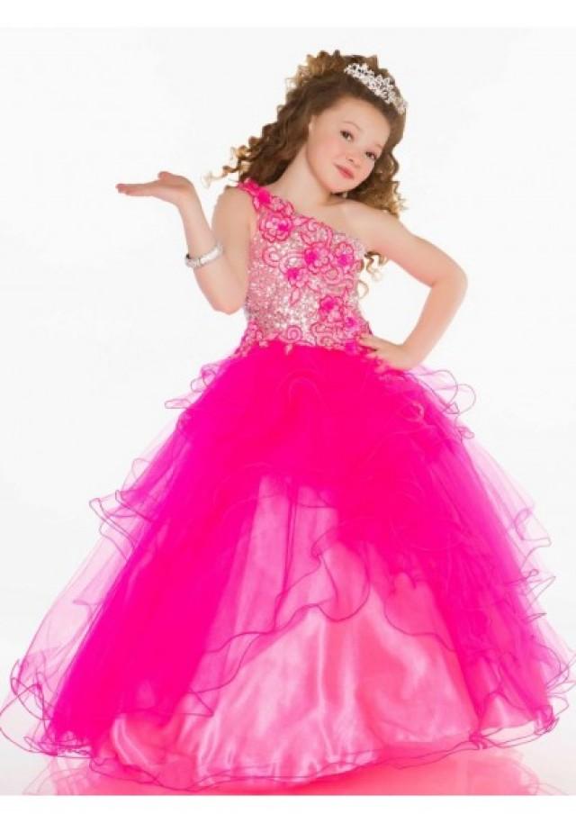 One Shoulder Sweep Train Tulle Red Ball Gown Girls Pageant Dress ...