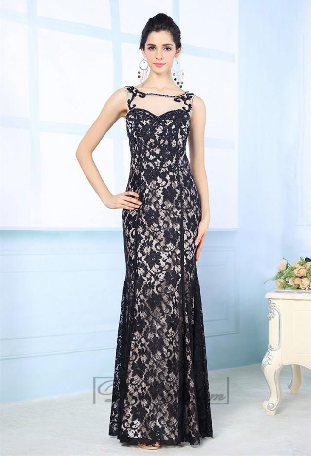 Luxury Illusion Boat Neckline Black Lace Appliques Long Prom Dresses ...