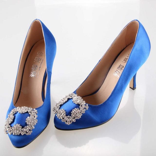 Sweet Royal Blue Bow Crystal Silk Satin Shoes , Wedding Princess Bridal ...