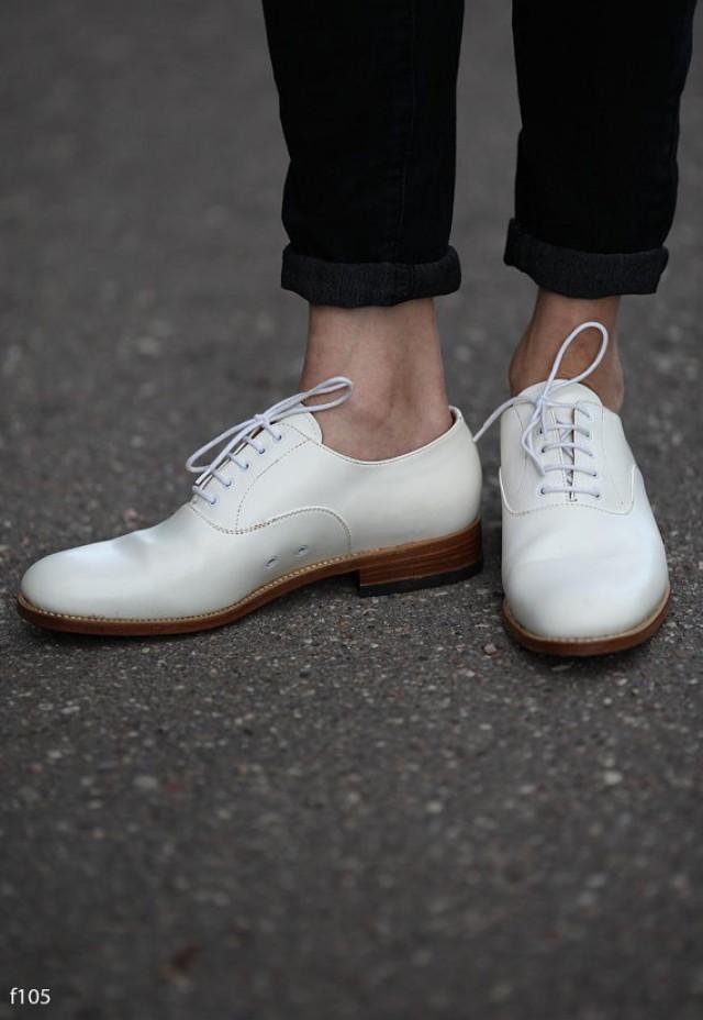 WHITE LEATHER Derby Shoes . Vintage 1980s Wedding Groom Brogues Retro ...